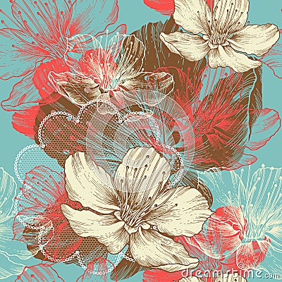 Seamless floral background with flowers apple, han Vector Illustration