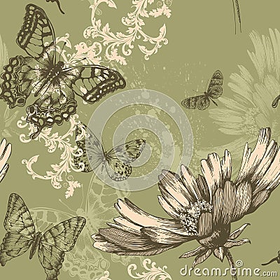 Seamless floral background with flying butterflies Vector Illustration