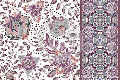 Seamless floral backgrounds and border. Vector Illustration