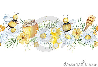 Seamless border with watercolor daisies, leaves, honey and bees Vector Illustration