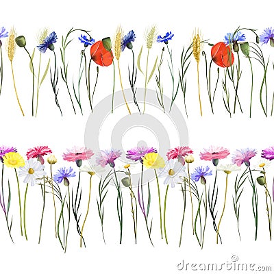 Seamless floral border of watercolor meadow plants (poppies, cornflowers, wheat and other wildflowers) Vector Illustration