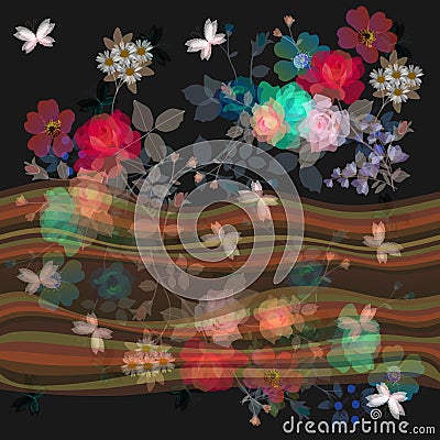 Seamless floral border with waves and transparency bouquets of gardening flowers. Vector Illustration