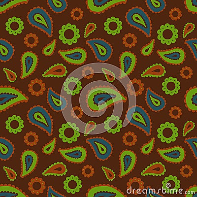 Seamless floral colored pattern with green, blue, brown and orange plants, flowers and leaves on brown or black background. Ethnic Vector Illustration