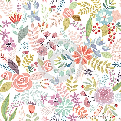 Seamless Floral colorful hand drawn pattern. Cartoon Illustration