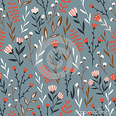 Seamless floral design with hand-drawn wild flowers. Vector illustration. Vector Illustration
