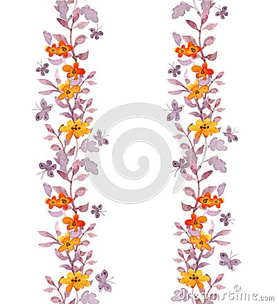 Seamless floral edging border. Cute flowers, leaves, ditsy butterflies. Watercolor Stock Photo