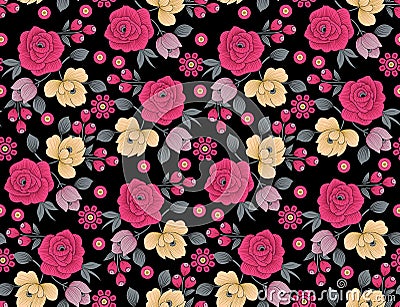 Seamless floral flower pattern with black background Stock Photo