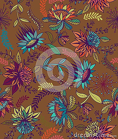 Seamless floral folk pattern Cartoon Illustration