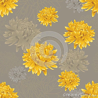 Seamless floral gray pattern with golden chrysanthemums Vector Illustration