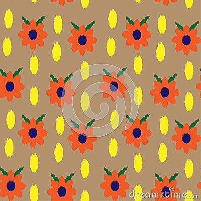 seamless floral ikat embroidery on beige background Vector Illustration