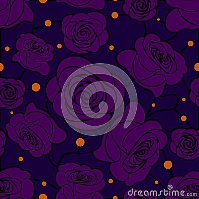 Seamless floral mosaic pattern with violet roses on dark blue background Vector Illustration