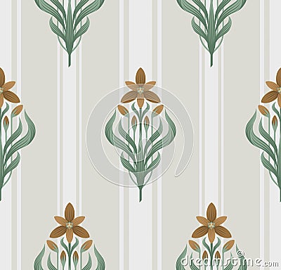 Seamless floral ornament in art Deco style. Ornithogalum umbellatum, the garden star-of-Bethlehem, grass lily, nap-at-noon, or Vector Illustration