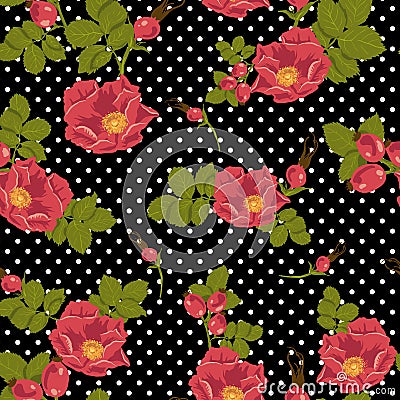 Seamless floral ornament with wild rose Vector Illustration