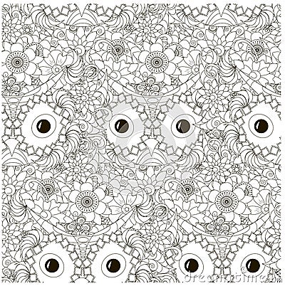 Seamless floral with owls monochrome pattern Vector Illustration