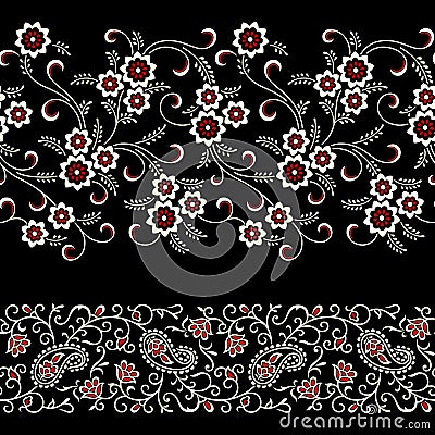 Seamless floral paisley border on black color Stock Photo