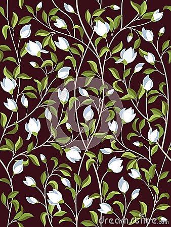 Seamless floral pattern background with magnolia flowers, spring branches. Vector illustration Vector Illustration