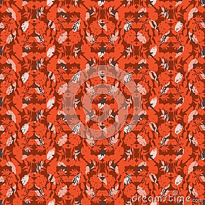 Seamless floral pattern with bats, tulips, poppies and lilies. Complex vector print in shades of orange. Vector Illustration
