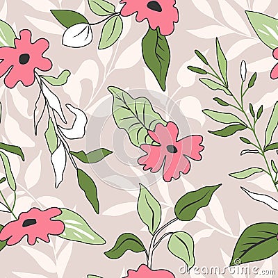 Seamless floral pattern.Beautiful background with pink flowers and green leaves.Vector illustration Cartoon Illustration