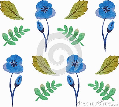 Seamless floral pattern with beautiful flowers and leaves in blue and green colours.Watercolor. Stock Photo