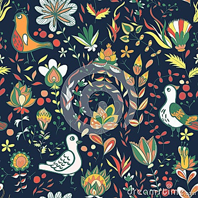 Seamless floral pattern with birds and flowers Vector Illustration