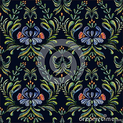 Seamless floral pattern on black background. Vector Illustration