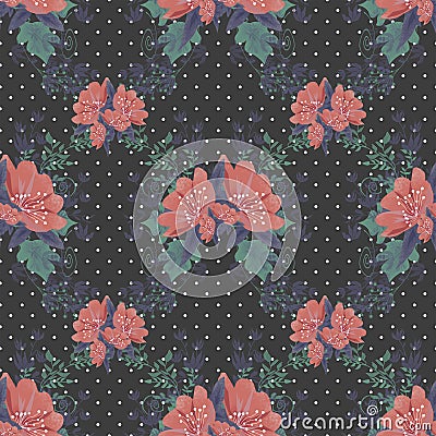 Seamless floral pattern on black dotted Stock Photo