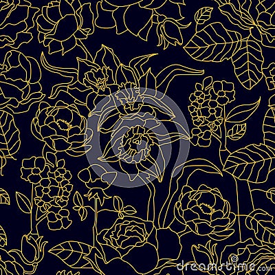 Seamless floral pattern with blooming roses and narcissus. Vector Illustration