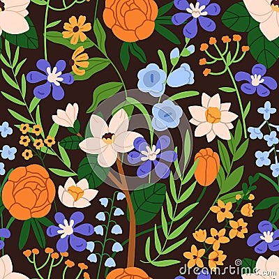 Seamless floral pattern. Blossomed blooms, repeating print. Endless botanical background design with wildflowers mix Vector Illustration