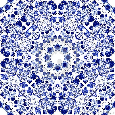 Seamless floral pattern. Blue ornament of berries and flowers in the style of Chinese painting on porcelain. Vector Illustration