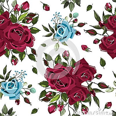 Seamless floral pattern with bordo burgundy navy blue rose flowers bouquets Vector Illustration