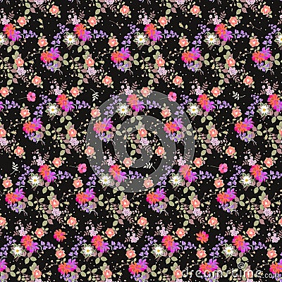 Seamless floral pattern with bouquets of garden flowers and multicolor confetti. Print for fabric. Bell and cosmos flowers Stock Photo