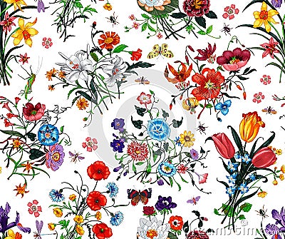 Seamless floral pattern with bright colorful flowers with leaves on a white background. The elegant template for fashion prints. M Stock Photo