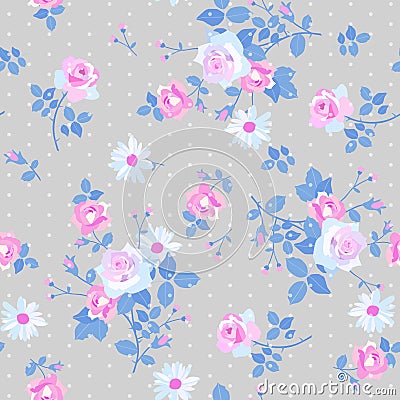 Seamless floral pattern with bunchs of gentle white and pink roses and daisy flowers on grey polka dot background. Vector Illustration