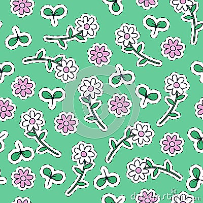 A seamless floral pattern in a cartoonish colorful style. Vector Illustration