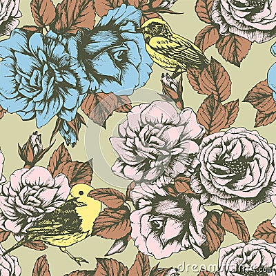 Seamless floral pattern with colorful hand-drawn flowers and birds. Vector Illustration