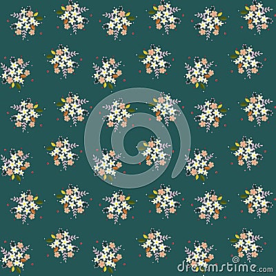 Seamless floral pattern composition small field flowers twigs berries leaves on green blueish background, fabric, tapestry, wallpa Stock Photo