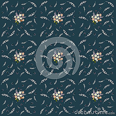 Seamless floral pattern composition small field flowers twigs berries leaves on navy background, fabric, tapestry, wallpaper Vector Illustration