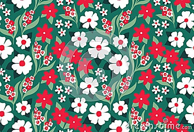 Seamless floral pattern, cute ditsy print with decorative meadow, small flowers on green. Vector. Vector Illustration