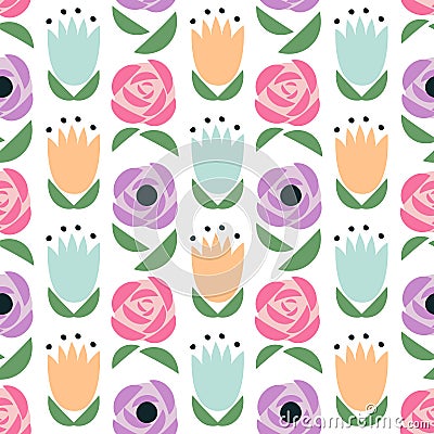 Seamless floral pattern. Cute spring flowers background - tulips, roses, buttercups, poppies. Vector Illustration