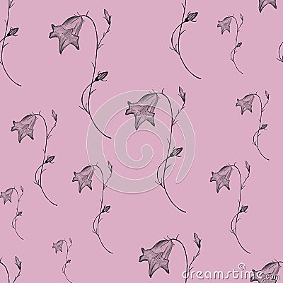 Seamless floral pattern on delicate red background. Pencil drawing bellflowers. Spring/summer print. Linen, bedclothing, packaging Stock Photo