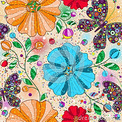 Seamless floral pattern with doodle colorful butterflies and flowers Stock Photo