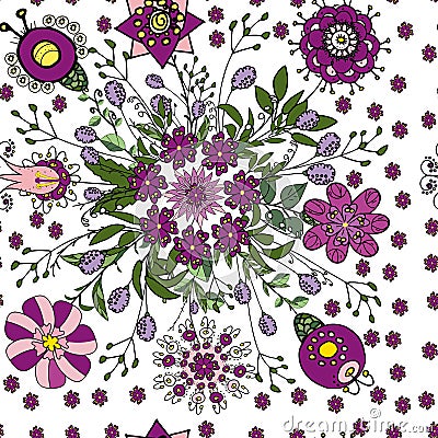 Seamless floral pattern in ethnic fantasy style in violet and green colors for decorating greeting cards, creating textures and Vector Illustration