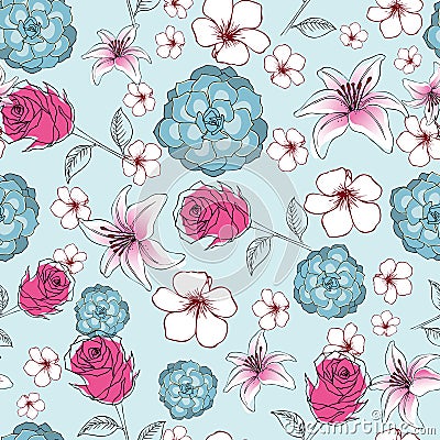 Seamless floral pattern of exotic lily flowers, roses and succulents Cartoon Illustration