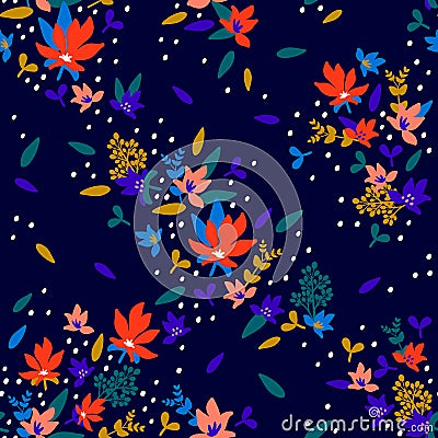 Seamless Floral Pattern. Fashion textile pattern with decorative little flowers and leaves on midnight blue background Vector Illustration