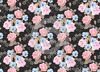 Seamless floral pattern with garlands of ligth pink roses, blue pansies and umbrella flowers on black background. Luxury print Vector Illustration