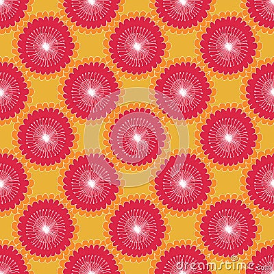 Seamless floral pattern graphic abstract sunflowers, circular elements, red white on orange background, fabric Vector Illustration