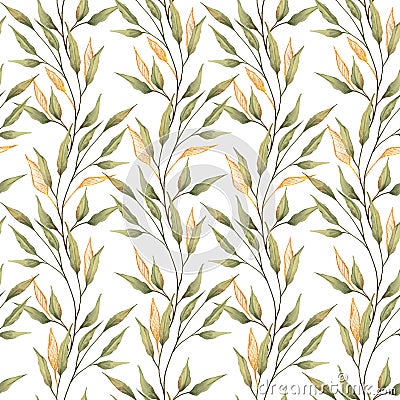 Seamless floral pattern. Green and gold laves and branches on white background Stock Photo