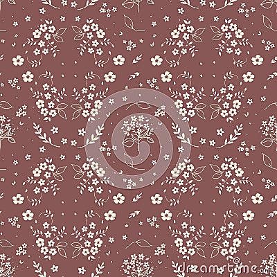 Seamless floral pattern hand drawn small white silhouette flowers in bouquet twigs berries on dark red background, fabric, scrapbo Stock Photo