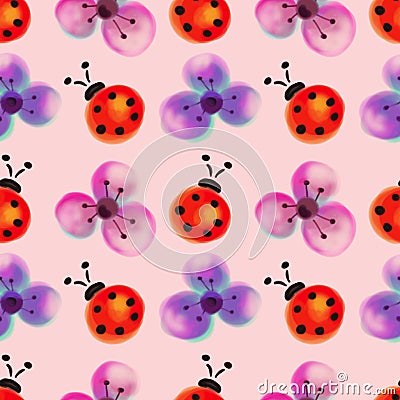 Seamless floral pattern with insects. Watercolor background with hand drawn flowers and ladybugs. Stock Photo