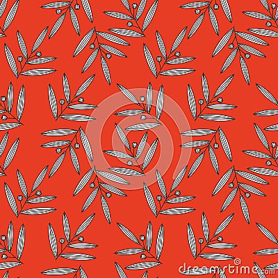 Seamless floral pattern with leaves can be used for textile printing, wallpaper, background, black and white lines on red Stock Photo
